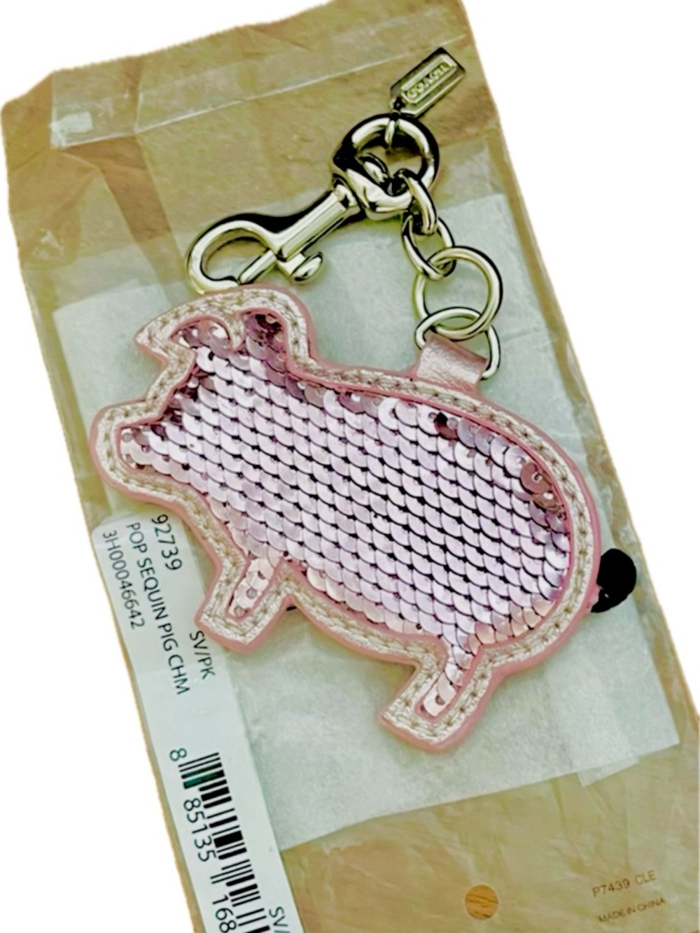 Coach Poppy Pig Bag Charm Keychain with Silver Hardware Pink Sequin - New in Bag - Picture 5 of 15